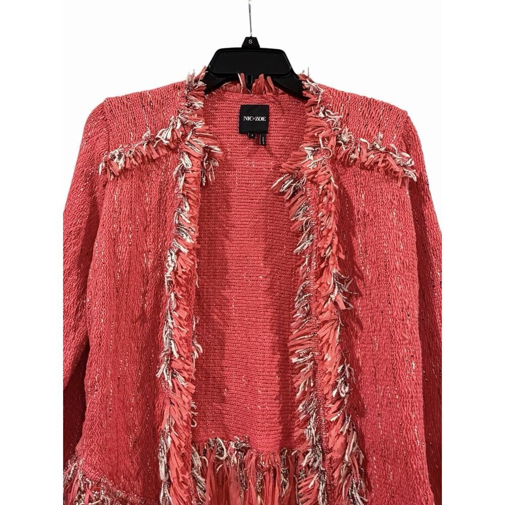 NIC + ZOE Pink Fancy Fringe Open Knit Blazer Women’s Small Tweed-Like - Picture 3 of 15